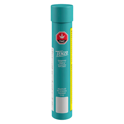 Tall front-facing teal tube labeled Tenzo Diamond Thrilla Triple-Diamond Infused PR 1 x 1 g with a red THC octagon near the top.