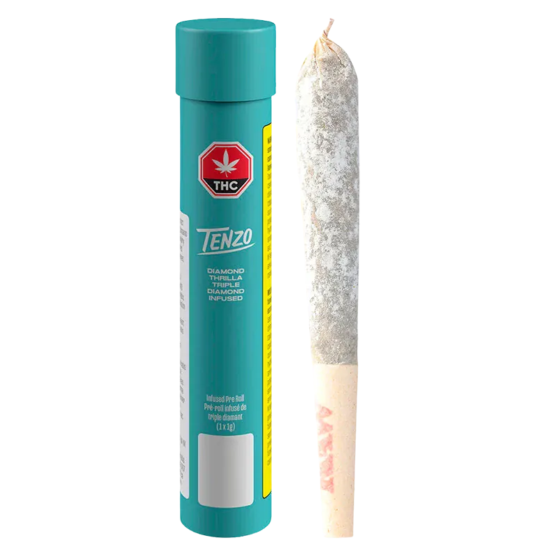 Straight-on studio shot of a teal tube and a powder-coated joint, labeled Diamond Thrilla Triple-Diamond Infused PR 1 x 1 g.