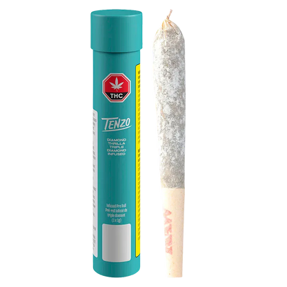Straight-on studio shot of a teal tube and a powder-coated joint, labeled Diamond Thrilla Triple-Diamond Infused PR 1 x 1 g.