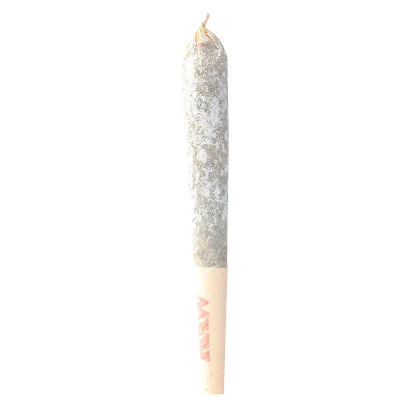 Vertical close-up of a rolled joint dusted in white crystals, labeled "Diamond Thrilla Triple-Diamond Infused PR 1 x 1 g" on the paper tip.