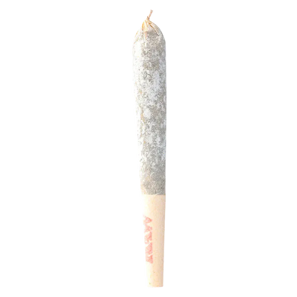 Vertical close-up of a rolled joint dusted in white crystals, labeled "Diamond Thrilla Triple-Diamond Infused PR 1 x 1 g" on the paper tip.