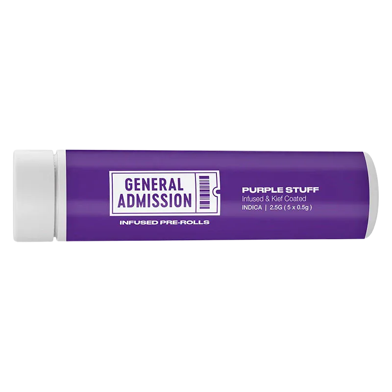 Horizontal product shot of the Purple Stuff Infused PR 5 x 0.5 g clear plastic tube with a purple label and "General Admission" logo centered.