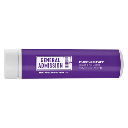 Horizontal product shot of the Purple Stuff Infused PR 5 x 0.5 g clear plastic tube with a purple label and "General Admission" logo centered.