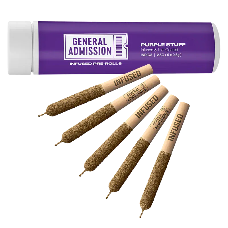 Angled close-up of five kief-coated pre-rolls arranged fanned out beneath the purple tube labeled "Purple Stuff Infused PR 5 x 0.5 g."