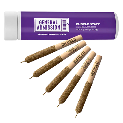 Angled close-up of five kief-coated pre-rolls arranged fanned out beneath the purple tube labeled "Purple Stuff Infused PR 5 x 0.5 g."