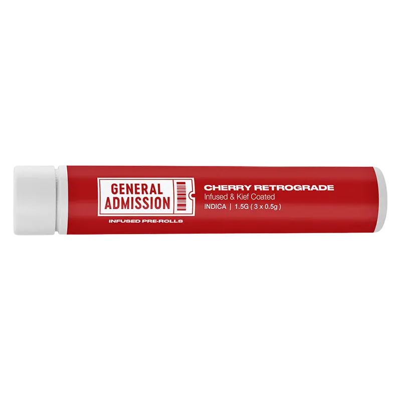 Side-on view of a red tube labeled "Cherry Retrograde Infused PR 3 x 0.5 g" from General Admission against a white background.
