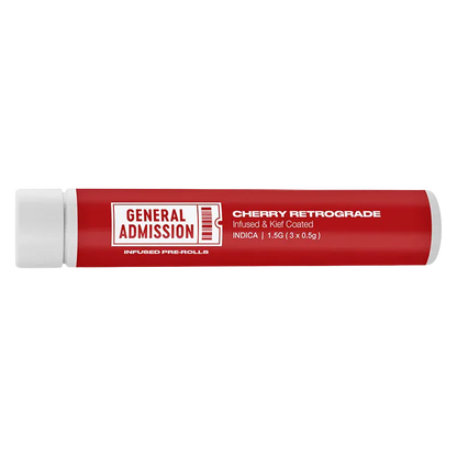 Side-on view of a red tube labeled "Cherry Retrograde Infused PR 3 x 0.5 g" from General Admission against a white background.