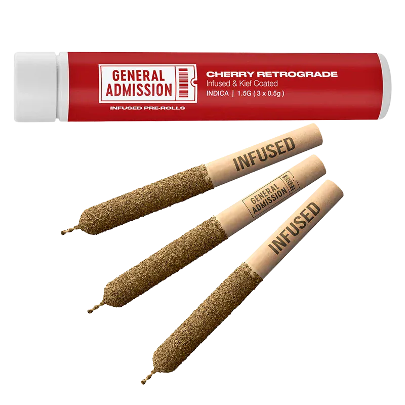 Angled close-up of three kief-coated pre-rolls beside a red tube labeled "Cherry Retrograde Infused PR 3 x 0.5 g" from General Admission.