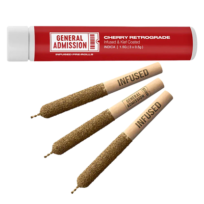 Angled close-up of three kief-coated pre-rolls beside a red tube labeled "Cherry Retrograde Infused PR 3 x 0.5 g" from General Admission.