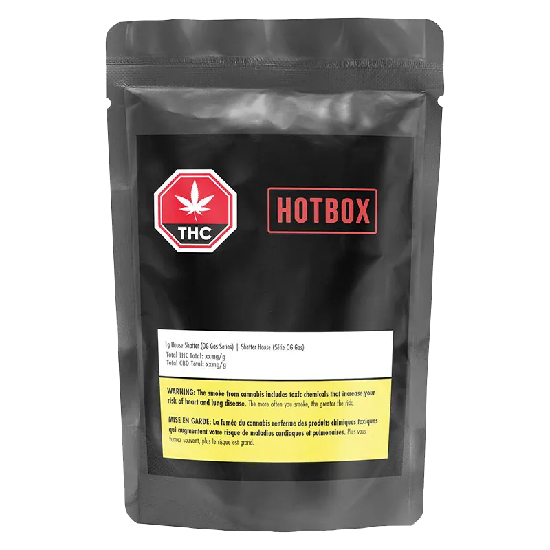 Front-facing pouch shot of House Shatter branded HOTBOX package with a black background, red THC stop sign logo, and yellow warning panel.