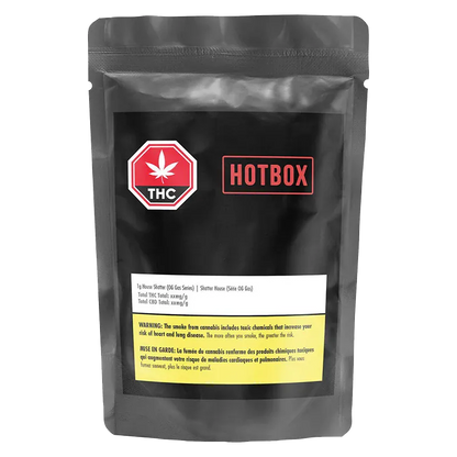 Front-facing pouch shot of House Shatter branded HOTBOX package with a black background, red THC stop sign logo, and yellow warning panel.