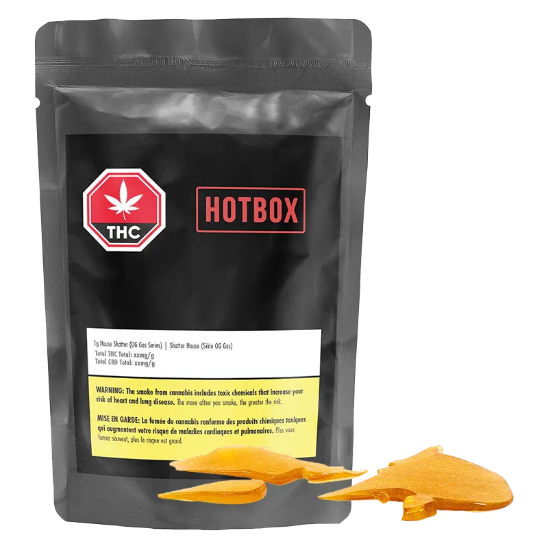 Front-facing shot of the black pouch labeled Hotbox House Shatter with a red THC badge and amber shatter pieces arranged at its base.