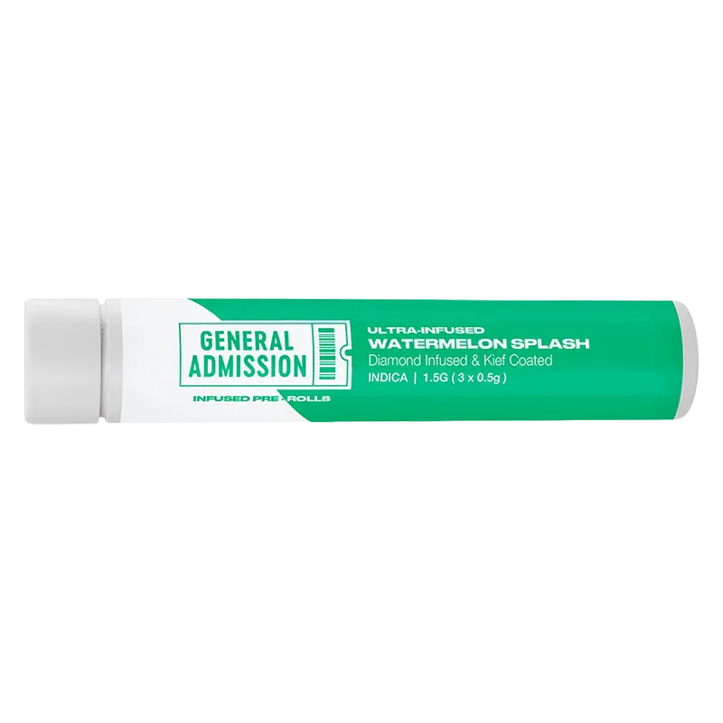 Horizontal studio shot of the Watermelon Splash Diamond Infused PR 3 x 0.5 g tube with green-and-white "General Admission" label centered on a white background