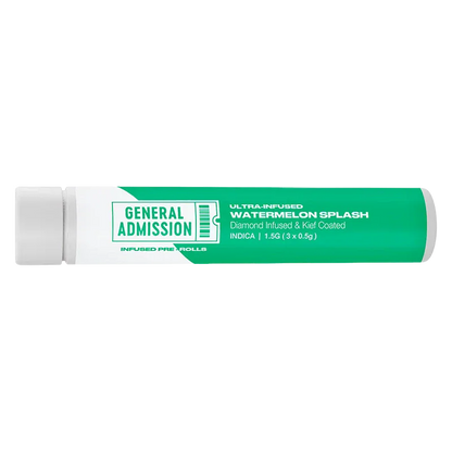 Horizontal studio shot of the Watermelon Splash Diamond Infused PR 3 x 0.5 g tube with green-and-white "General Admission" label centered on a white background