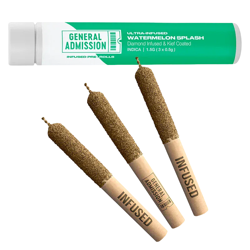 Top-down view of three diamond-coated pre-rolls and the tube packaging labeled "Watermelon Splash Diamond Infused PR 3 x 0.5 g" from General Admission.