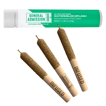 Top-down view of three diamond-coated pre-rolls and the tube packaging labeled "Watermelon Splash Diamond Infused PR 3 x 0.5 g" from General Admission.