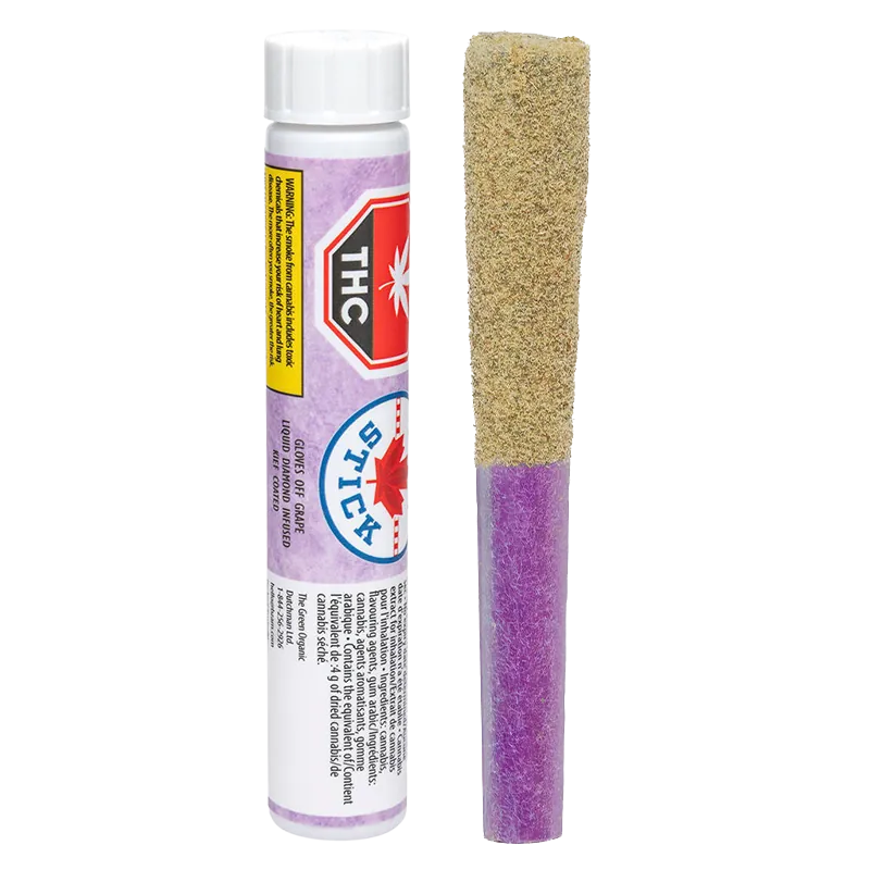 Vertical product shot of Gloves Off Grape Infused PR 1 x 1 g showing its purple-wrapped tube beside a two-toned pre-roll with a gold kief top.