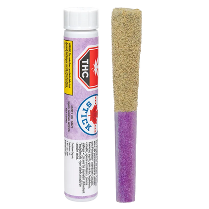 Vertical product shot of Gloves Off Grape Infused PR 1 x 1 g showing its purple-wrapped tube beside a two-toned pre-roll with a gold kief top.