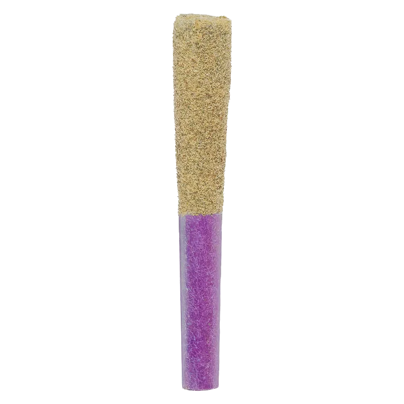 Vertical front view of a purple stick topped with beige coating, showing the Gloves Off Grape Infused PR 1 x 1 g product.