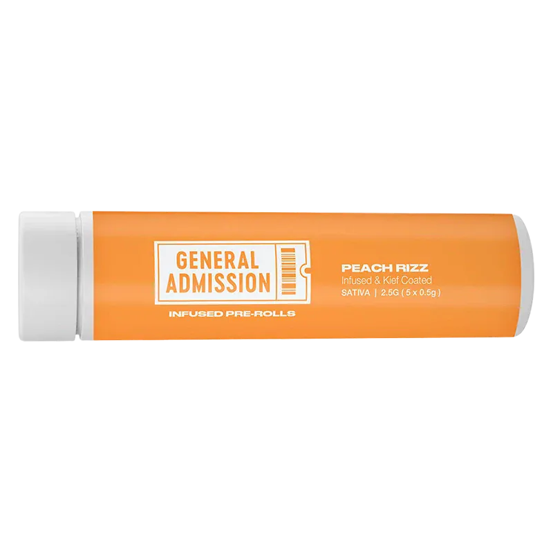 Side-on view of an orange tube labeled Peach Rizz Infused PR 5 x 0.5 g with white "General Admission" branding against a white background