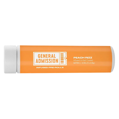 Side-on view of an orange tube labeled Peach Rizz Infused PR 5 x 0.5 g with white "General Admission" branding against a white background