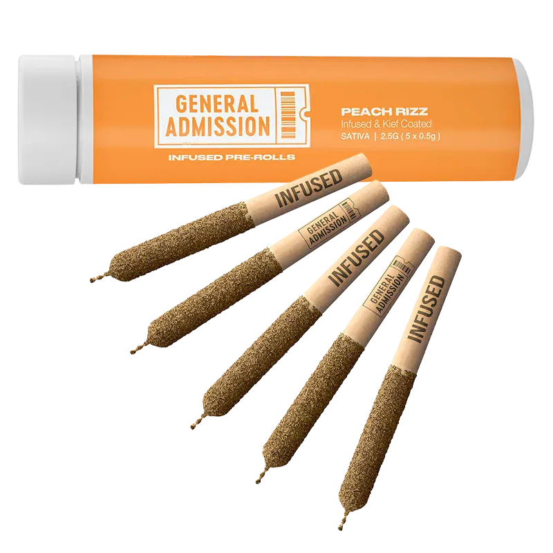 Angled top-down view of five kief-coated pre-rolls arranged fan-like in front of an orange tube labeled "Peach Rizz Infused PR 5 x 0.5 g".