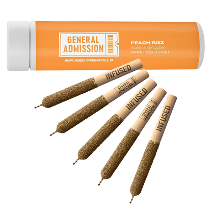 Angled top-down view of five kief-coated pre-rolls arranged fan-like in front of an orange tube labeled "Peach Rizz Infused PR 5 x 0.5 g".