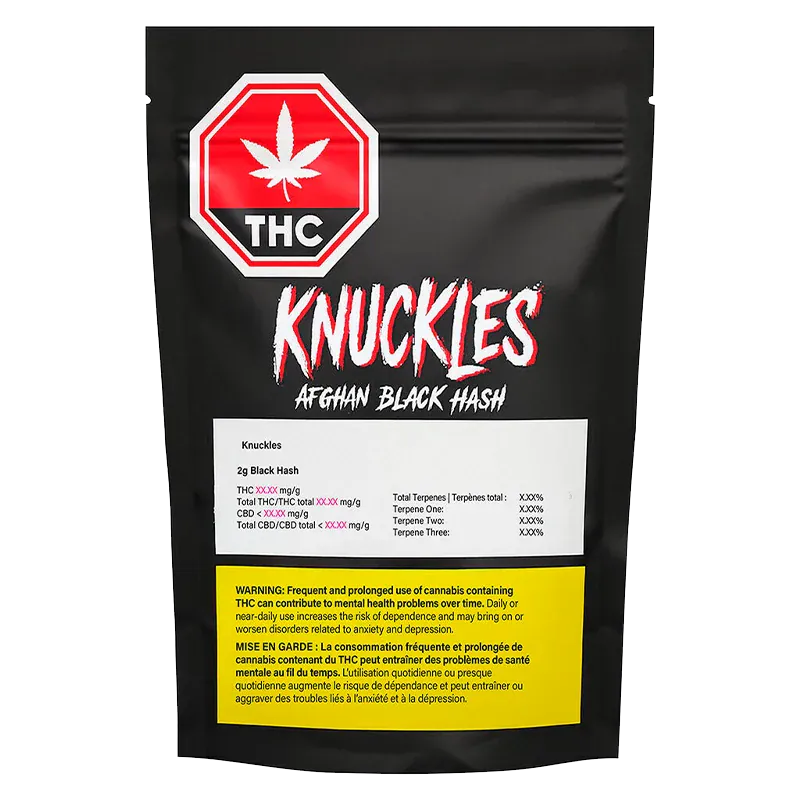 Front-facing black pouch labeled "Knuckles Afghan Black Hash" with a red THC stop-sign logo and a yellow warning panel.