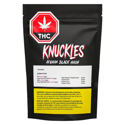 Front-facing black pouch labeled "Knuckles Afghan Black Hash" with a red THC stop-sign logo and a yellow warning panel.