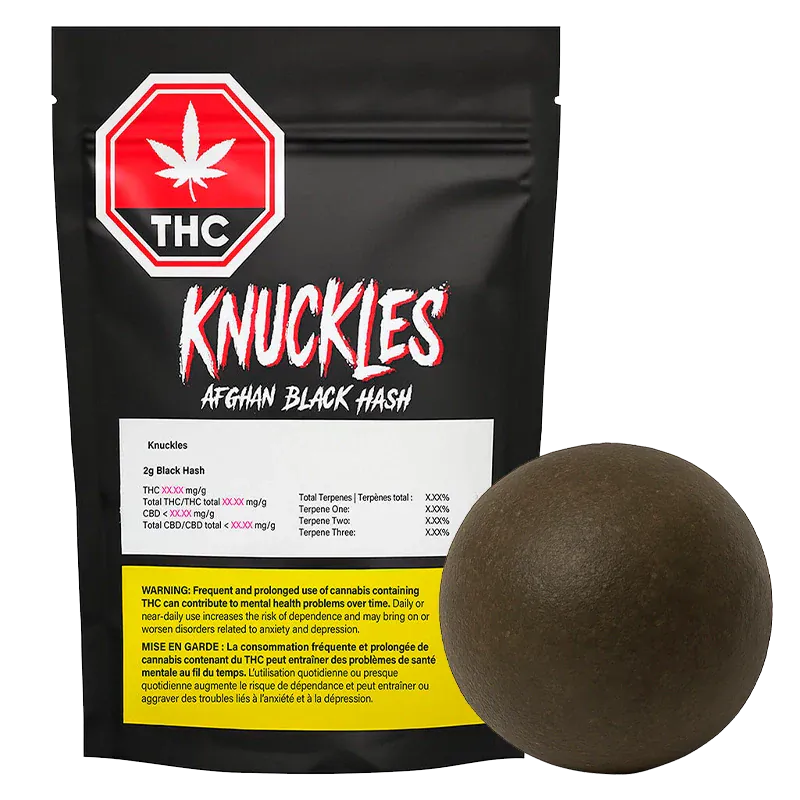 Front view of a black pouch labeled Knuckles Afghan Black Hash with a red THC stop-sign logo, beside a round dark brown hash ball.