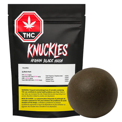 Front view of a black pouch labeled Knuckles Afghan Black Hash with a red THC stop-sign logo, beside a round dark brown hash ball.
