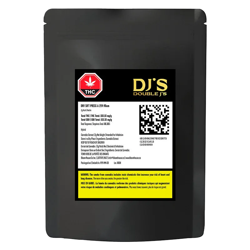 Front-facing shot of a black pouch with a centered label reading "DJ'S Double J's Dry Sift Press," a THC symbol, QR code, and yellow warning block.