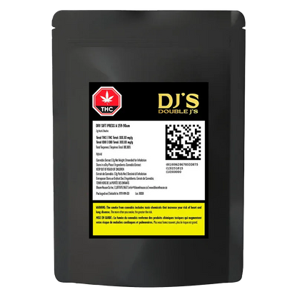 Front-facing shot of a black pouch with a centered label reading "DJ'S Double J's Dry Sift Press," a THC symbol, QR code, and yellow warning block.