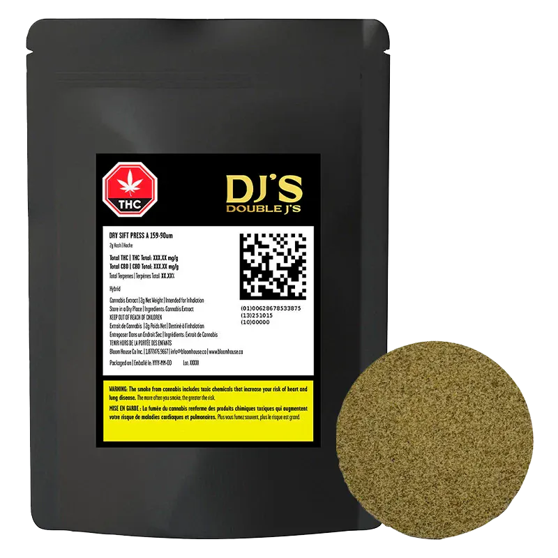 Front-facing black pouch labeled "DJ'S Double J's Dry Sift Press Hash" with a white product label and a round pressed hash puck shown beside it.