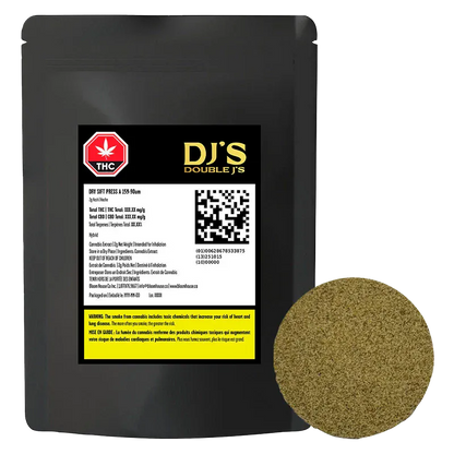 Front-facing black pouch labeled "DJ'S Double J's Dry Sift Press Hash" with a white product label and a round pressed hash puck shown beside it.