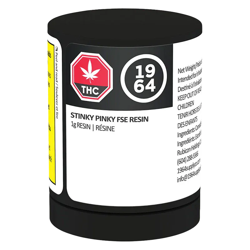 Close-up front view of the Stinky Pinky FSE Resin black container label showing a red THC octagon and "1964" emblem.