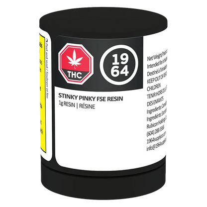 Close-up front view of the Stinky Pinky FSE Resin black container label showing a red THC octagon and "1964" emblem.