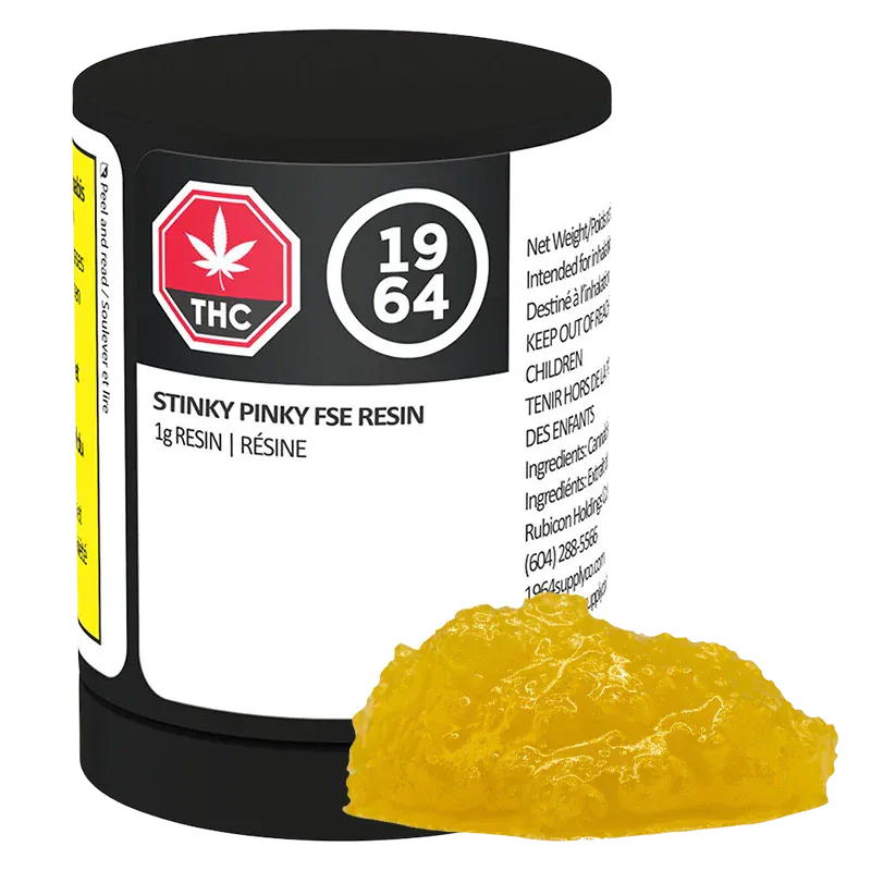 Close-up of a glossy yellow resin mound in front of a black jar labeled Stinky Pinky FSE Resin.