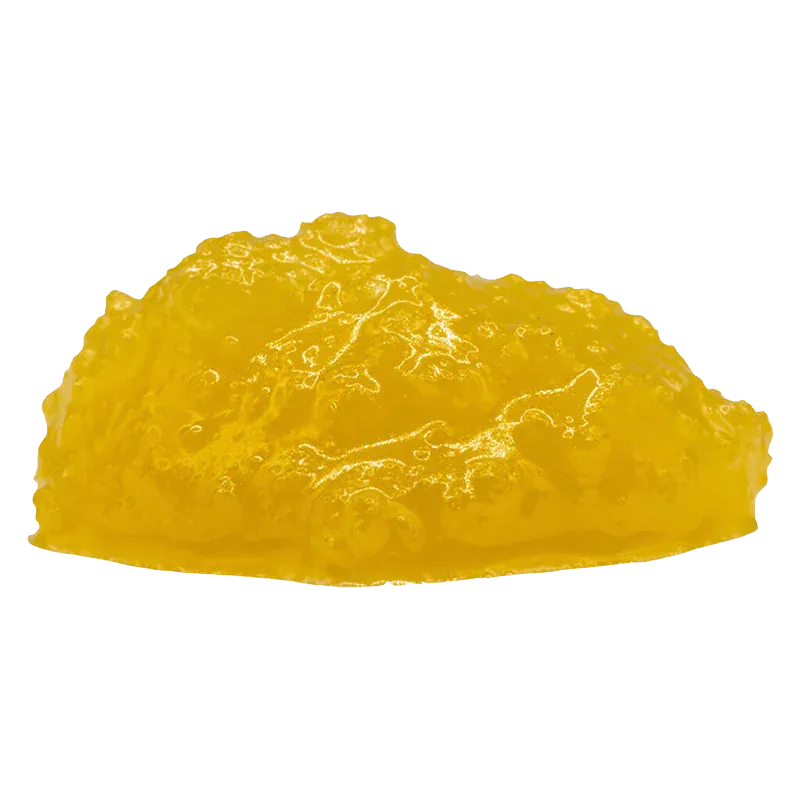 Close-up side view of a glossy yellow resin mound labeled Stinky Pinky FSE Resin on a white background.
