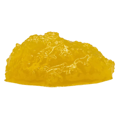 Close-up side view of a glossy yellow resin mound labeled Stinky Pinky FSE Resin on a white background.