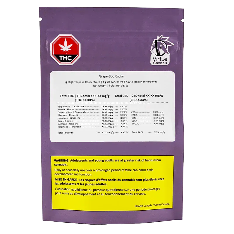 Rear view of a purple pouch labeled Grape God Caviar with a white terpene panel, red THC symbol and a yellow health warning.