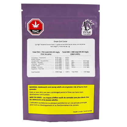 Rear view of a purple pouch labeled Grape God Caviar with a white terpene panel, red THC symbol and a yellow health warning.