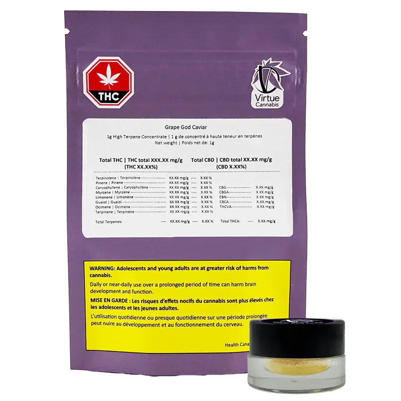 Rear view of the purple pouch and small clear jar of Grape God Caviar, showing labels, warning box, and Virtue Cannabis logo.