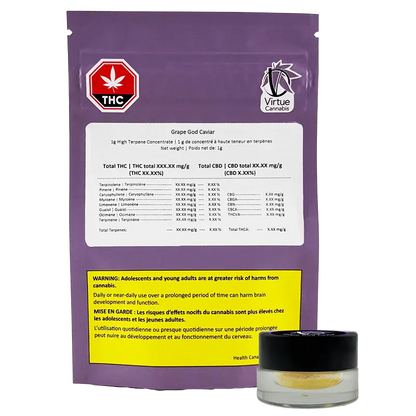 Rear view of the purple pouch and small clear jar of Grape God Caviar, showing labels, warning box, and Virtue Cannabis logo.