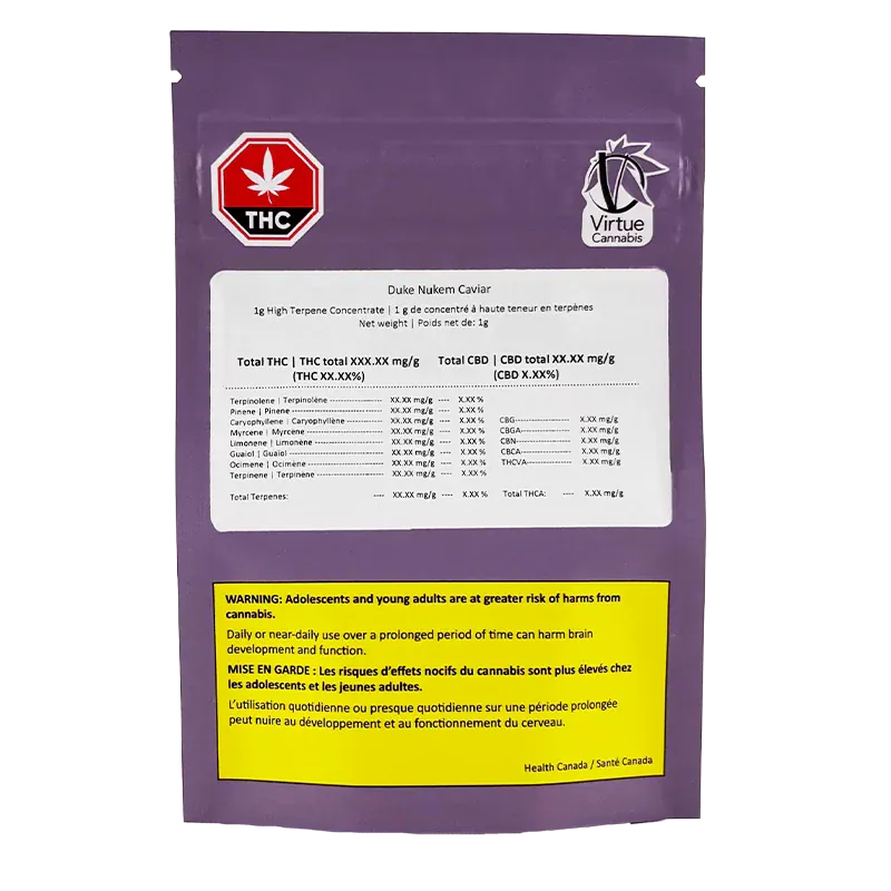 Rear view of a purple pouch labeled Duke Nukem Caviar with a white info panel, red THC icon top-left and a yellow health warning near the bottom