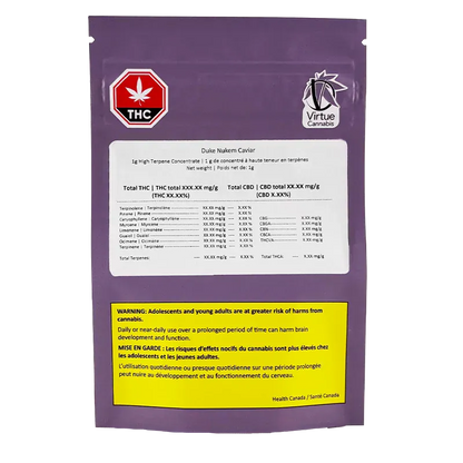 Rear view of a purple pouch labeled Duke Nukem Caviar with a white info panel, red THC icon top-left and a yellow health warning near the bottom