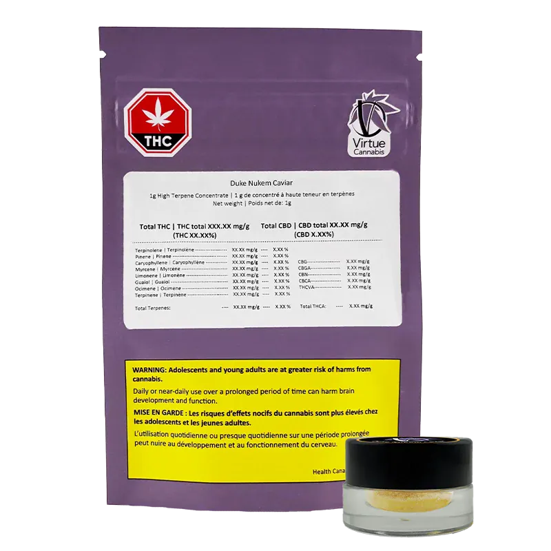 Rear view of the purple Virtue Cannabis Duke Nukem Caviar pouch with a white label and warning block, shown beside a small glass concentrate jar.