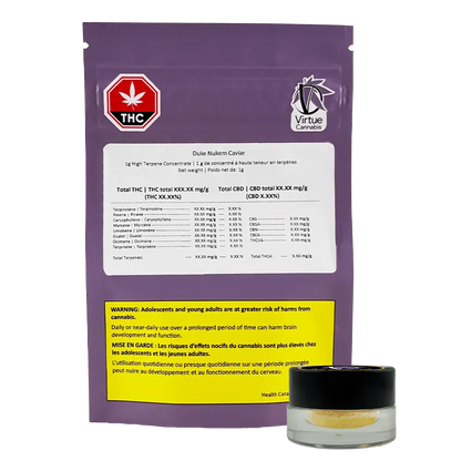 Rear view of the purple Virtue Cannabis Duke Nukem Caviar pouch with a white label and warning block, shown beside a small glass concentrate jar.