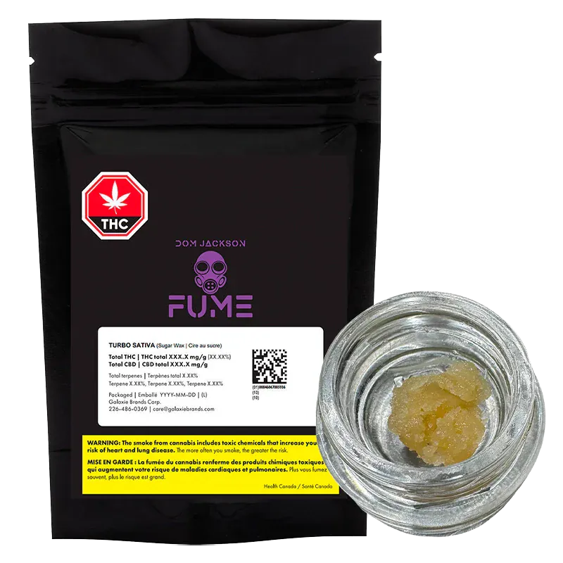 Front-facing shot of a black pouch and small glass jar of Turbo Sugar Wax, the Turbo Sugar Wax branding centered on the pouch with a clear view of the pale golden wax inside the jar.