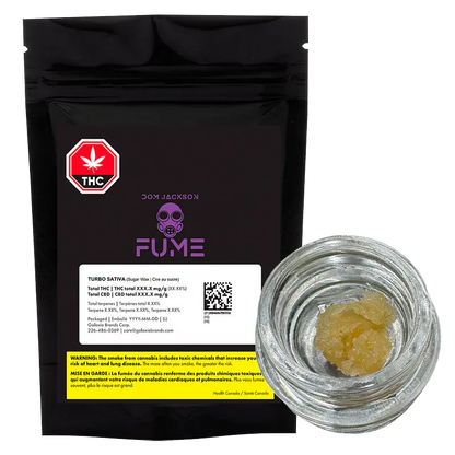 Front-facing shot of a black pouch and small glass jar of Turbo Sugar Wax, the Turbo Sugar Wax branding centered on the pouch with a clear view of the pale golden wax inside the jar.